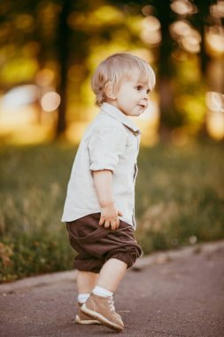 Bir yaz günü, gün batımında, bir tarlada eski bir tulum giymiş küçük sarışın bir çocuk..