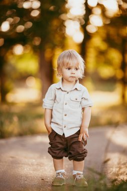 Bir yaz günü, gün batımında, bir tarlada eski bir tulum giymiş küçük sarışın bir çocuk..