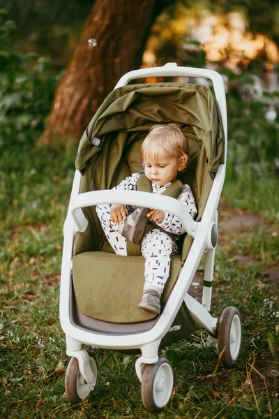 Leuke Gezonde Kleine Jongen Zit Een Kinderwagen Wacht Zijn Moeder — Stockfoto