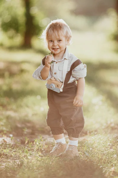 Small Blond Boy Dressed Vintage Jumpsuit Field Sunset Summer Day — Stock Photo, Image