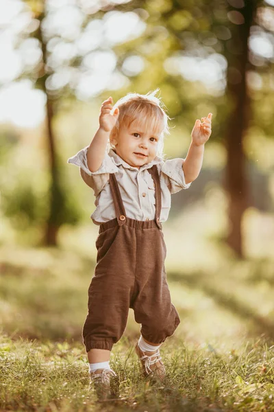 Small Blond Boy Dressed Vintage Jumpsuit Field Sunset Summer Day — Stock Photo, Image