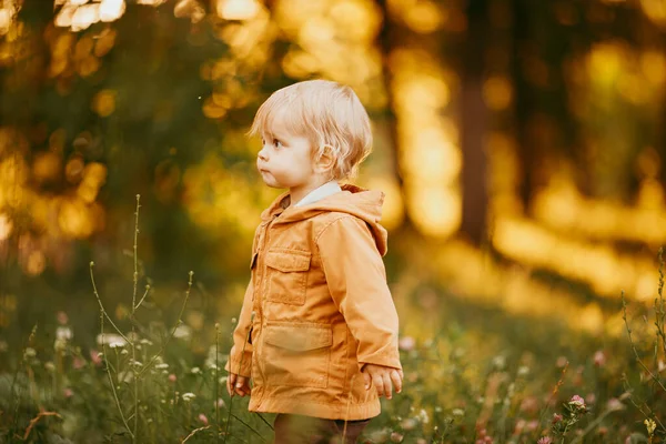 Cute Baby Boy Walking Beige Jacket Sunset Autumn Day — Stock Photo, Image