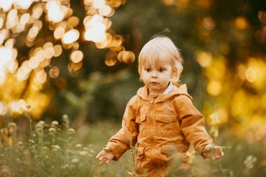 Bir sonbahar günü, gün batımında bej ceketle yürüyen tatlı bir erkek bebek.