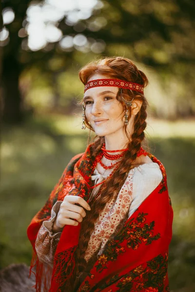 Beautiful Slavic Girl Long Blonde Hair Brown Eyes White Red — Stock Photo, Image