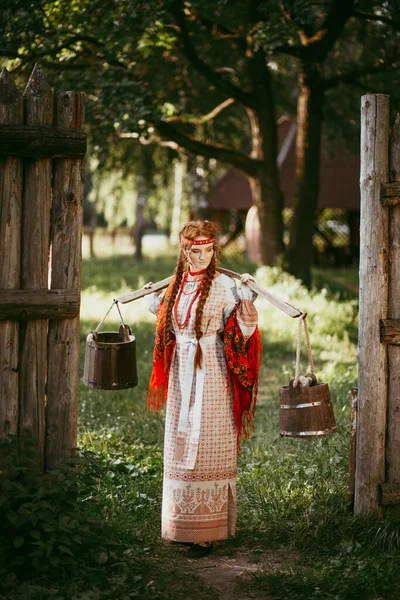 Beautiful Slavic Girl Long Blonde Hair Brown Eyes White Red — Stock Photo, Image