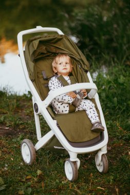 Bebek arabasında oturup annesini bekleyen sevimli, sağlıklı bir çocuk. Küçük oğlumuz ailesiyle birlikte yürüyüşe çıkıyor. Sıcak yaz günü.