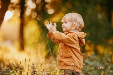Bir sonbahar günü, gün batımında bej ceketle yürüyen tatlı bir erkek bebek.