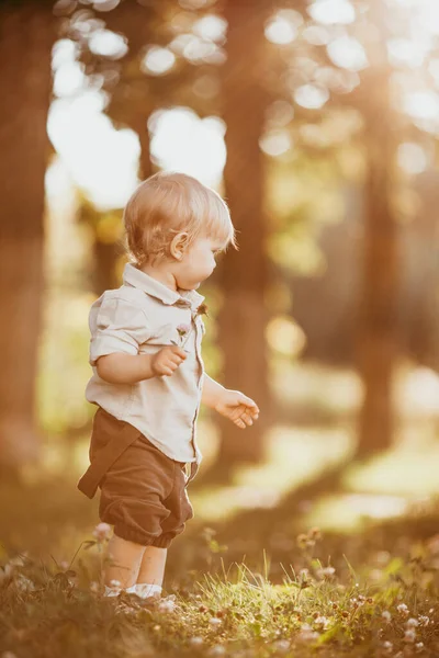 Een Kleine Blonde Jongen Gekleed Een Vintage Jumpsuit Een Veld — Stockfoto