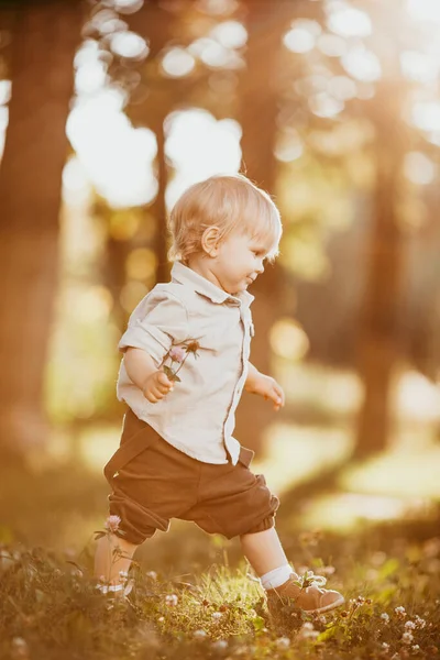 Een Kleine Blonde Jongen Gekleed Een Vintage Jumpsuit Een Veld — Stockfoto