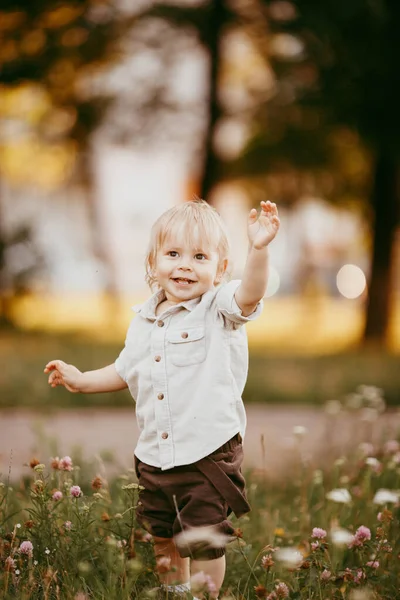 Small Blond Boy Dressed Vintage Jumpsuit Field Sunset Summer Day — Stock Photo, Image