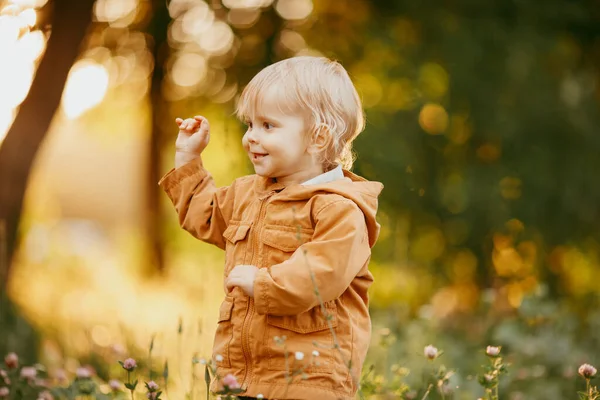 Schattige Baby Jongen Wandelen Beige Jas Bij Zonsondergang Een Herfstdag — Stockfoto