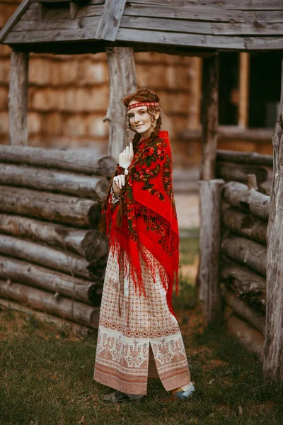 Beautiful Slavic Girl Long Blonde Hair Brown Eyes White Red — Stock Photo, Image