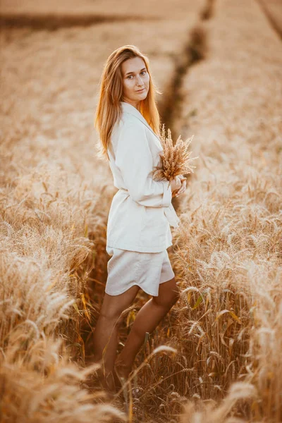 Young Girl Long Curly Hair Light White Suit Standing Wheat — Stock Photo, Image