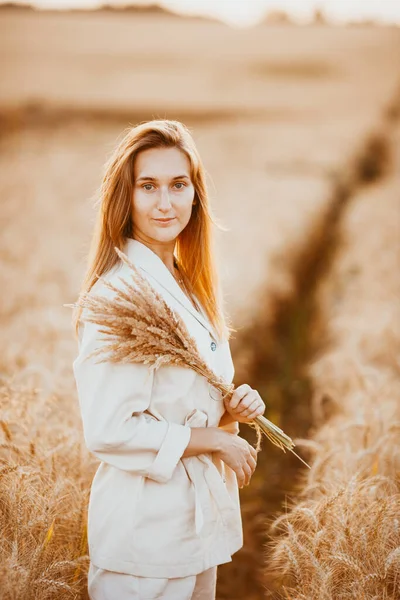 Young Girl Long Curly Hair Light White Suit Standing Wheat — Stock Photo, Image