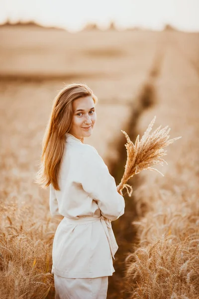 Young Girl Long Curly Hair Light White Suit Standing Wheat — Stock Photo, Image