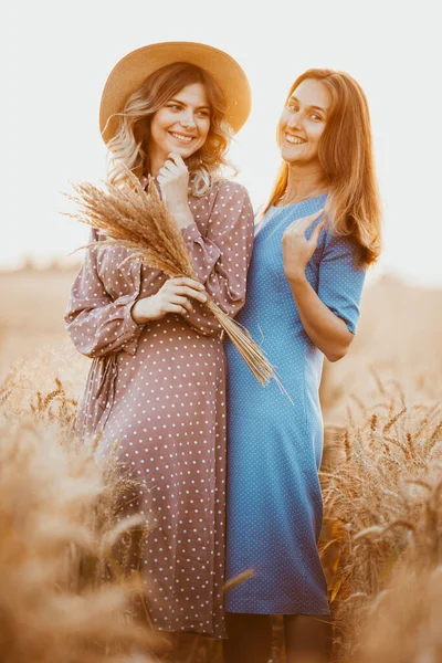 Szczęśliwi Przyjaciele Polu Pszenicy Dziewczyny Pikniku Polu Pobliżu Uszu Pszenicy — Zdjęcie stockowe