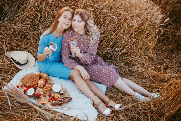 Amigos Felices Campo Trigo Niñas Picnic Campo Cerca Las Espigas — Foto de Stock