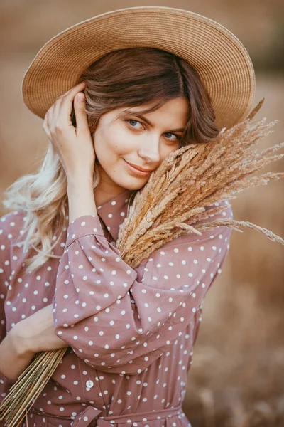 Young Girl Long Curly Hair Hat Brown Dress White Polka — Stock Photo, Image