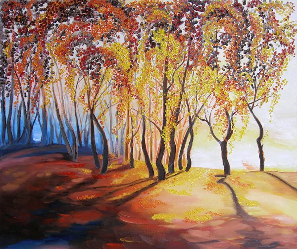 Caída del sol pintura al óleo impresionismo paisaje otoño —  Fotos de Stock