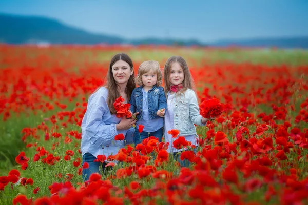 Красивая Молодая Женщина Девочкой Маковом Поле Счастливая Семья Веселится Природе — стоковое фото