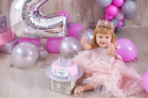 Princess Baby Girl Celebrating Life Event Wearing Golden Crown Pink — Stock Photo, Image