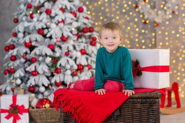 Yeni yıl ağacı giyen kırmızı ve yeşil elbise fantezi Noel aile çocuk çocuk ahşap kutu üzerinde yakın poz sunar ve beyaz