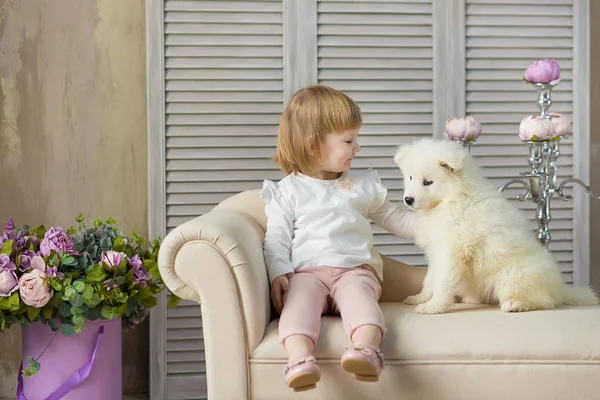 Portrait Blond Baby Girl Play Husky Puppy Model Girl Blond — стоковое фото