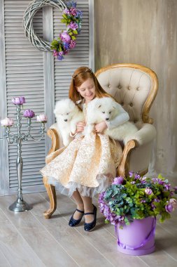 Kızıl saçlı kız portresi husky poppy ile oynamak. Kızıl saçlı Kraliyet retro koltuk giyen şirin elbise üzerinde otururken stüdyo çekimi sammy beyaz köpek yavrusu ile poz model kız