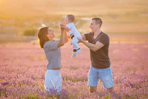 Familienporträt Mutter Vater Und Kleiner Sohn Auf Dem Lavendelfeld Beim — Stockfoto