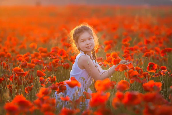 Asombroso Retrato Cerca Encantadora Linda Chica Romántica Con Flor Amapola —  Fotos de Stock