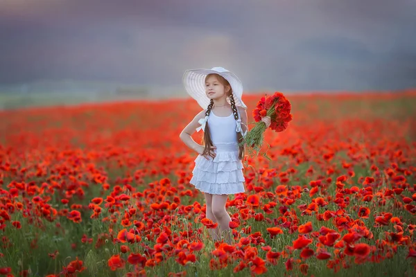 Csodálatos Közelről Szép Aranyos Fiatal Romantikus Lány Mák Virág Kezében — Stock Fotó