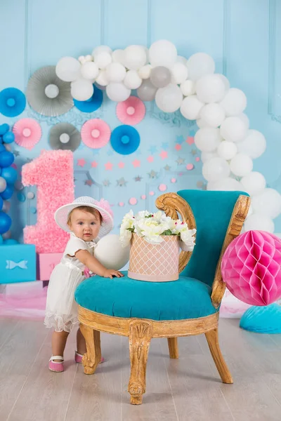 Cute Little Baby Girl Big Blue Eyes Wearing Tutu Hat — Stock Photo, Image