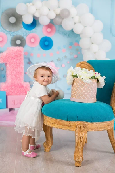 Cute Little Baby Girl Big Blue Eyes Wearing Tutu Hat — Stock Photo, Image