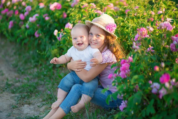 Bonito Menino Criança Loira Com Irmã Morena Posando Sentado Rosa — Fotografia de Stock