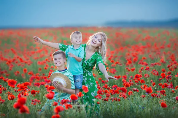Mamma Med Son Vallmo Njuter Livet Vid Solnedgången Lycklig Familj — Stockfoto