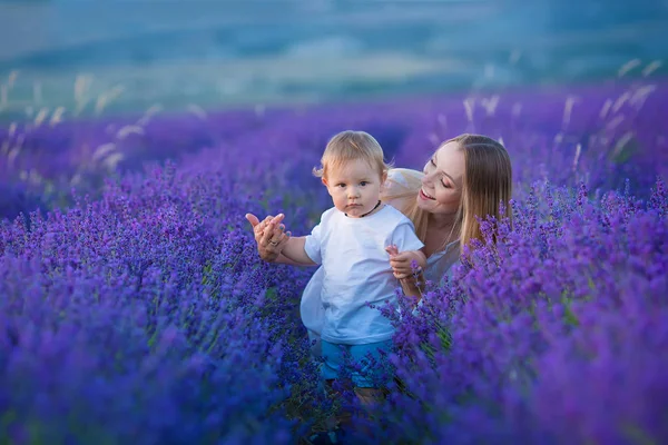 Happy Mom Cute Son Lavender Background Beautiful Woman Boy Meadow — Stock Photo, Image