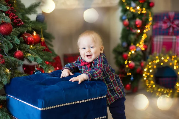 Christmas Portrait Cute Little Newborn Baby Boy Dressed Christmas Clothes — Stock Photo, Image