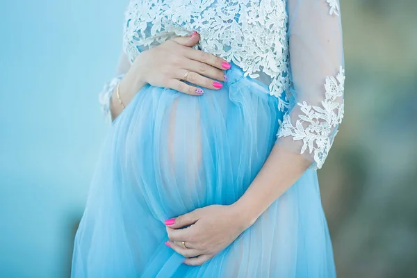 Tineri Atractiv Femeie Gravidă Poartă Rochie Casual Albastru Aerisită Pozând — Fotografie, imagine de stoc
