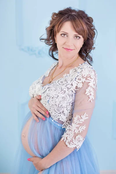 Beautiful Pregnant Young Woman Wearing Luxury Blue Lingerie Dress Studio — Stock Photo, Image
