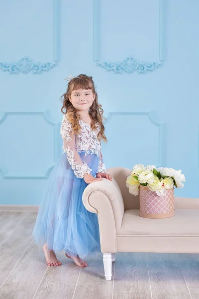 Portrait Little Girl Luxurious Dress Posing Decorated Blue Studio Bouquet — Stock Photo, Image