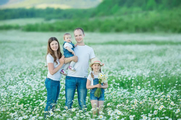 Familie Tânără Într Câmp Flori Marchează Viața Spa Musetel Anjoy Fotografie de stoc