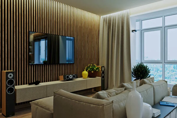 Stijlvolle, moderne interieur van het appartement met een prachtig uitzicht — Stockfoto