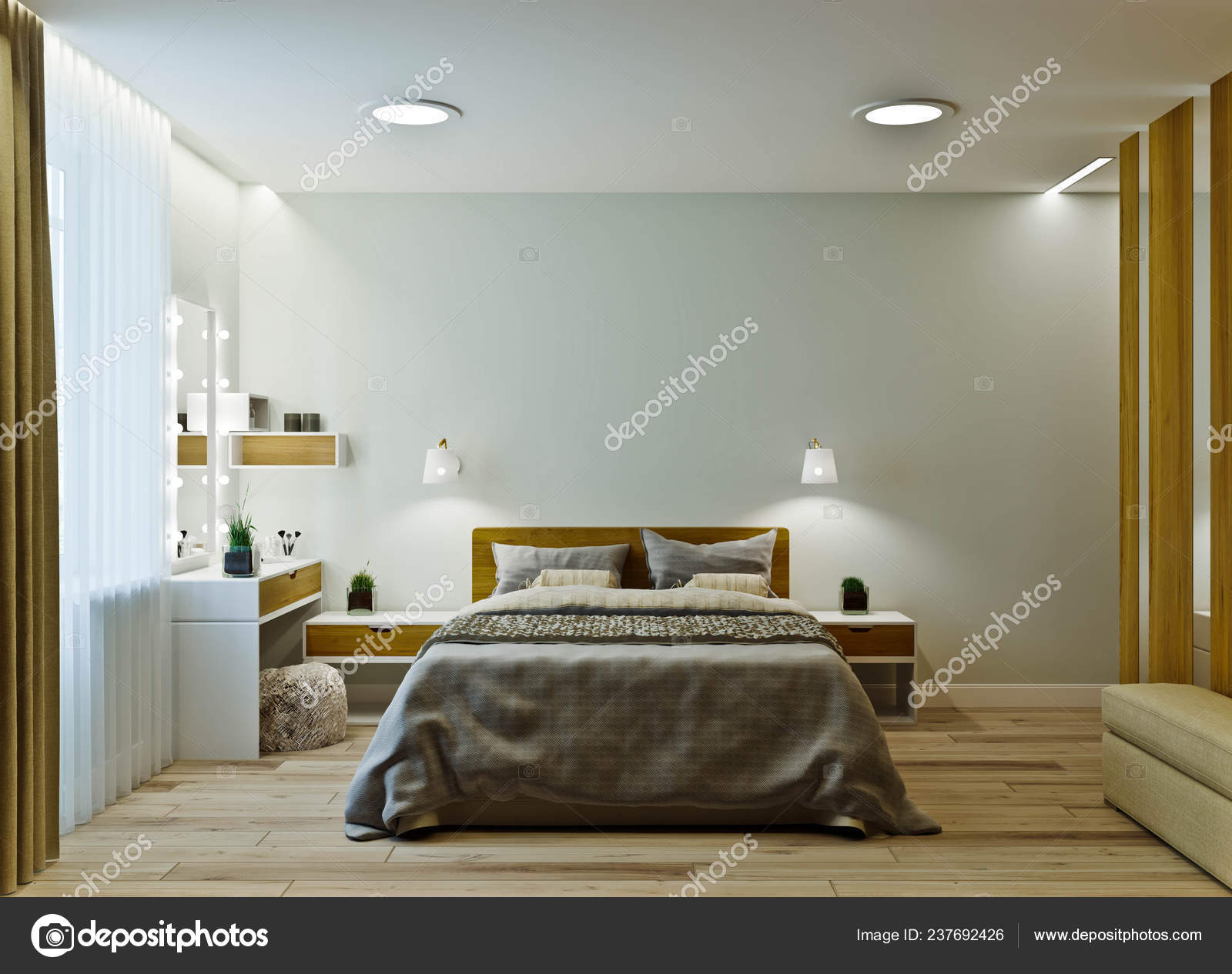 Modern Bedroom Interior In Warm Colors With Wood Paneling