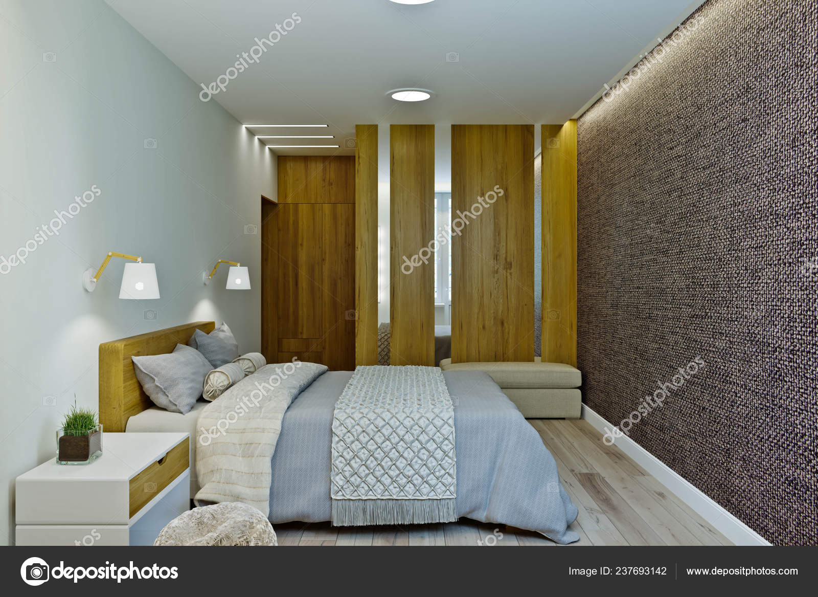Modern Bedroom Interior In Warm Colors With Wood Paneling