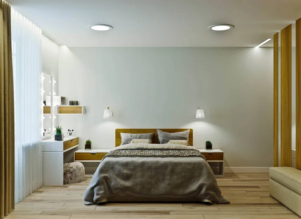 Moderne slaapkamer interieur in warme kleuren met houten lambrisering. — Stockfoto