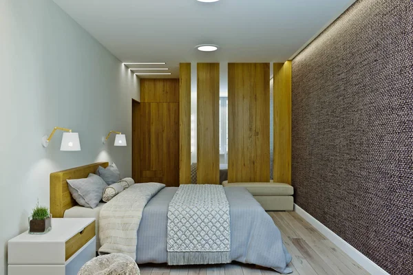 Moderno interno camera da letto in colori caldi con pannelli in legno . — Foto Stock