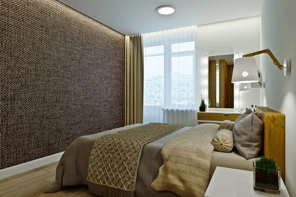 Moderne Schlafzimmereinrichtung in warmen Farben mit Holzvertäfelung. — Stockfoto
