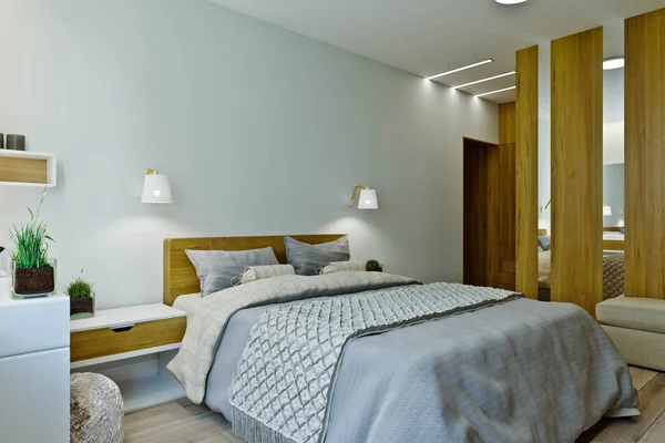 现代卧室内部在温暖的颜色与木镶板. — 图库照片