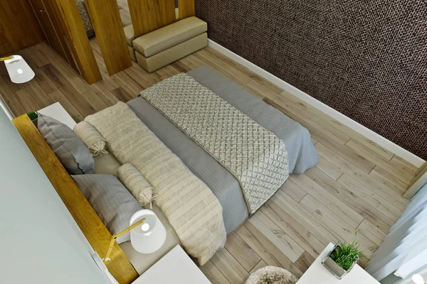 Interior del dormitorio moderno en colores cálidos con paneles de madera . — Foto de Stock