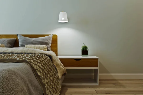 Interior del dormitorio moderno en colores cálidos con paneles de madera . —  Fotos de Stock